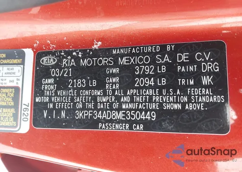 2021 Kia Forte Gt-Line from USA, damaged, VIN 3KPF34AD8ME350449